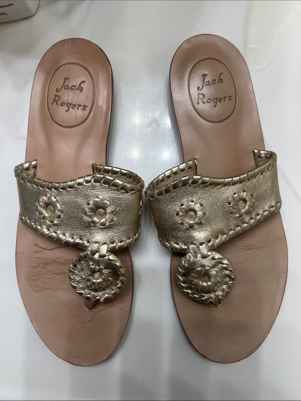 Jack Rogers Gold Leather Whipstitch Medallion Slide Sandals